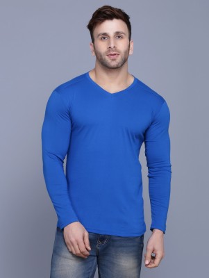 Menkovy Solid Men V Neck Blue T-Shirt