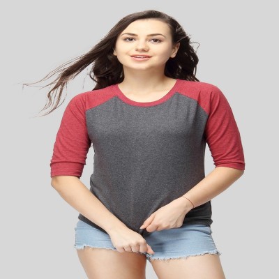 CAMPUS SUTRA Solid Women Round Neck Maroon, Grey T-Shirt