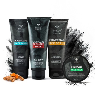 BOMBAY SHAVING COMPANY Activated Charcoal Complete Home Facial Kit | Removes Blackheads, De-tans, Unclogs Pores & Deep Cleanses | Made in India(4 Items in the set)