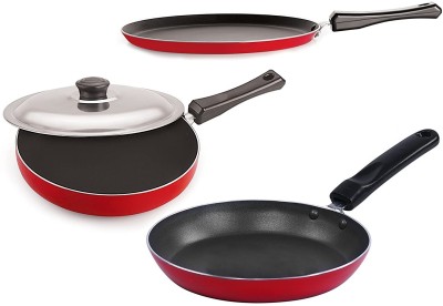 NIRLON Set of Tawas & Fry Pan (Flat Tawa 27.5cm,Fry Pan 2.25ltr,Tapper Pan 20cm) Aluminium Non-Stick Red & Black Non-Stick Coated Cookware Set(PTFE (Non-stick), Aluminium, 3 - Piece)