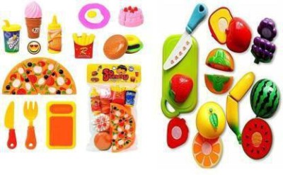 3 Jokers Realistic Sliceable Vegetables | Fruits Cutting Play Toy Set Fast Food Toy Pizza Cutting Play Set with Chopping Board