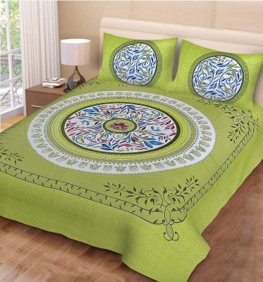 Vickiee Enterprises 180 TC Cotton Double Jaipuri Prints Flat Bedsheet(Pack of 1, Green)