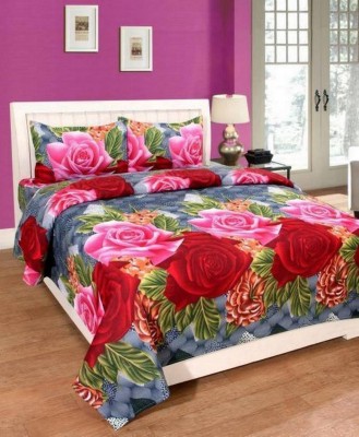 KIDSCOLLECTIONS 140 TC Microfiber Double Floral Flat Bedsheet(Pack of 1, Red, grey, pink)