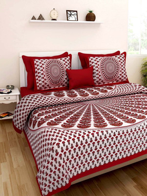 Vickiee Enterprises 180 TC Cotton Double Jaipuri Prints Flat Bedsheet(Pack of 1, Red)