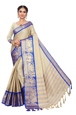 SVB Sarees Woven Banarasi Art Silk, Cotton Silk Saree(Blue, Beige)