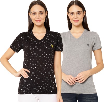 VIMAL JONNEY Printed Women V Neck Black, Grey T-Shirt