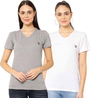 MACK JONNEY Solid Women V Neck White, Grey T-Shirt