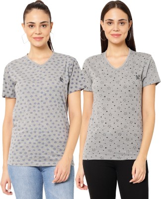 VIMAL JONNEY Printed Women V Neck Grey T-Shirt