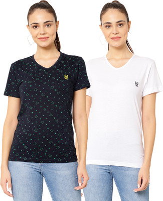 MACK JONNEY Printed Women V Neck White, Blue T-Shirt