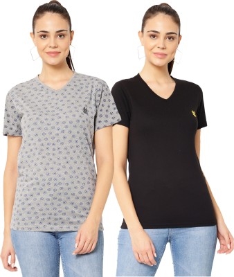 VIMAL JONNEY Printed Women V Neck Black, Grey T-Shirt