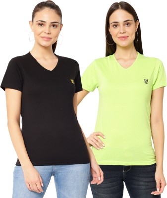 VIMAL JONNEY Solid Women V Neck Green, Grey T-Shirt