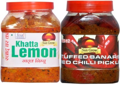 Sun Grow Combo of Organic Homemade Spicy Punjabi Lemon Pickle Khatta Nimbu & Organic Homemade Stuffed Banarsi Red Chilli Pickle Laal (Real Taste of Banras) (1 Kg Each, Pack of 2) Lemon, Red Chilli Pickle(2 x 1 kg)