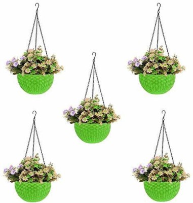 Abasr 8inch Green Round Rattan Woven Plastic Flower Hanging Planter/Beautiful Round Gamla Pot/Flower Hanging Pot for Garden Balcony - 8inch_Green Pack of 5 Plant Container Set(Pack of 5, Plastic)