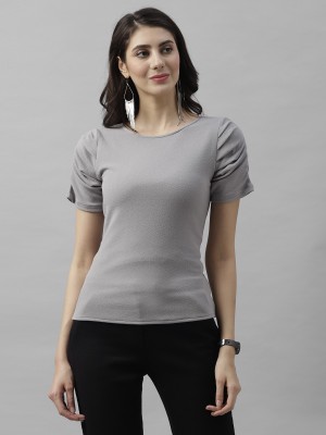 ATHENA Casual Short Sleeve Solid Women Grey Top