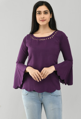 PREEGO Casual Laser Cut Women Purple Top