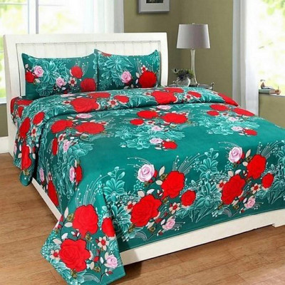 KIDSCOLLECTIONS 140 TC Microfiber Double Self Design Flat Bedsheet(Pack of 1, Green)