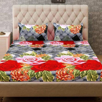 KIDSCOLLECTIONS 140 TC Microfiber Double Floral Flat Bedsheet(Pack of 1, Grey)