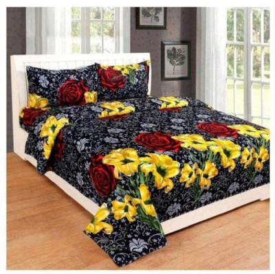 KIDSCOLLECTIONS 140 TC Microfiber Double Self Design Flat Bedsheet(Pack of 1, Black)