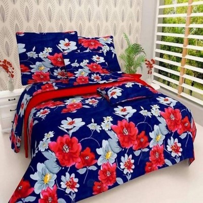 KIDSCOLLECTIONS 140 TC Microfiber Double Self Design Flat Bedsheet(Pack of 1, Blue, Red)