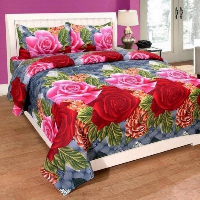 KIDSCOLLECTIONS 140 TC Microfiber Double Floral Flat Bedsheet(Pack of 1, Grey, pink, red, green)