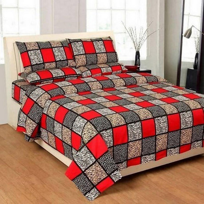 KIDSCOLLECTIONS 140 TC Microfiber Double Checkered Flat Bedsheet(Pack of 1, Red, Black)