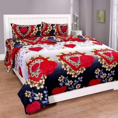 KIDSCOLLECTIONS 140 TC Microfiber Double Self Design Flat Bedsheet(Pack of 1, White, Red, Navy Blue)