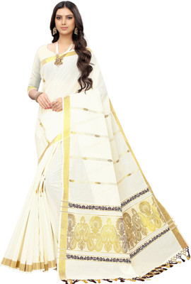Rightshape Solid/Plain Kasavu Pure Cotton Saree(Cream)