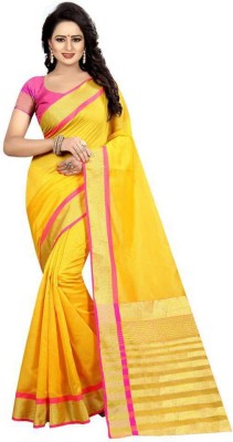 Blissta Checkered Bollywood Cotton Silk Saree(Yellow)