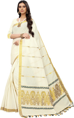 Rightshape Solid/Plain Kasavu Pure Cotton Saree(Cream)