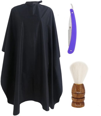 Angel Infinite Combo Of Hair Cutting Apron Cape (Black), Straight Razor (Blue), and Shaving Brush (Brown) Set of 3(3 Items in the set)