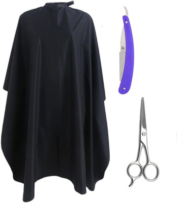 Angel Infinite Combo Of Hair Cutting Apron Cape (Black), Straight Razor (Blue), and Scissors Set of 3(3 Items in the set)