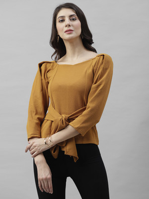 ATHENA Casual 3/4 Sleeve Solid Women Yellow Top