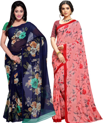 ANAND Geometric Print, Floral Print Daily Wear Georgette Saree(Pack of 2, Blue, Pink)