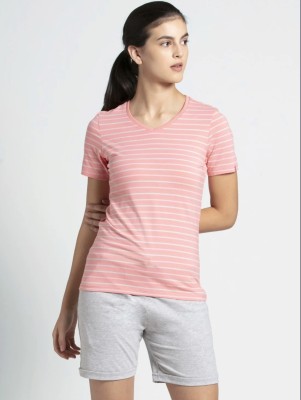 JOCKEY Striped Women Round Neck Pink T-Shirt