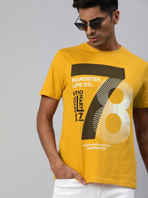 Roadster Men Printed Round Neck Pure Cotton Yellow T-Shirt For Rs. 271 @ 66% off