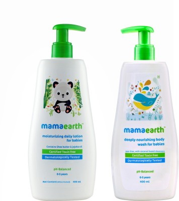 Mamaearth Deeply Nourishing Body Wash for Babies 400ml + Moisturizing Daily Lotion For Babies 400 ml  (White)