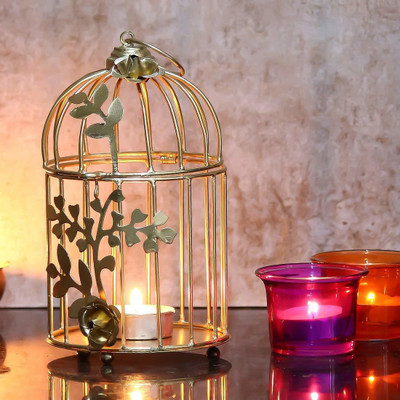 Weirdo Decorative Bird Cage Brass Tealight Holder(Gold, Pack of 1)