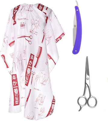 Angel Infinite Combo Of Hair Cutting Apron Cape (White), Straight Razor (Blue), and Scissors Set of 3(3 Items in the set)