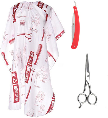 Angel Infinite Combo Of Hair Cutting Apron Cape (White), Straight Razor (Red), and Scissors Set of 3(3 Items in the set)