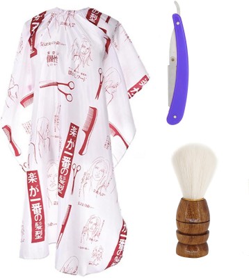 Angel Infinite Combo Of Hair Cutting Apron Cape (White), Straight Razor (Blue), and Shaving Brush (Brown) Set of 3(3 Items in the set)