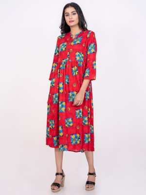 Myra Vogue Women Printed Flared Kurta(Red)