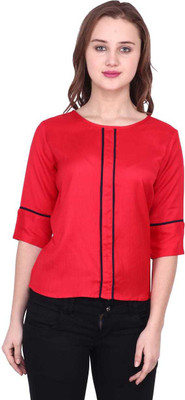 CANIS LUPUS Casual 3/4 Sleeve Striped Women Red Top