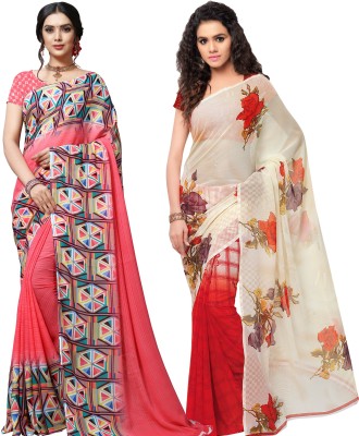 Anand Geometric Print, Floral Print Daily Wear Georgette Saree(Pack of 2, Red, White, Pink)