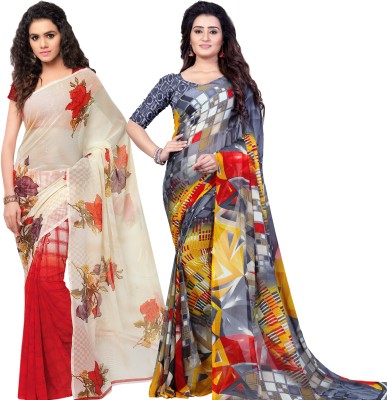 Anand Geometric Print, Floral Print Daily Wear Georgette Saree(Pack of 2, Red, White, Grey)