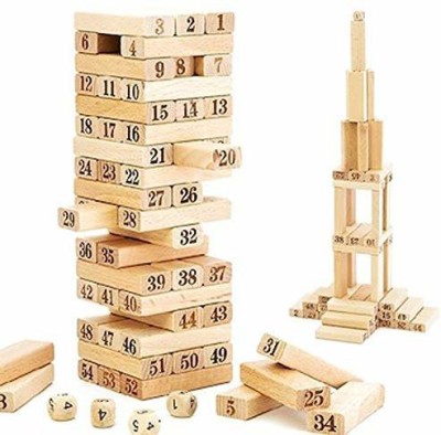 HIM TAX Jenga (Tumbling Tower) 54 pieces Numbered Wooden Blocks with 4 Dices, Stacking Game (Beige)(Brown)