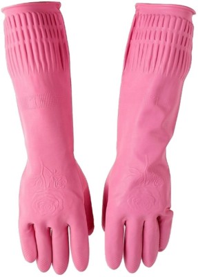 NEW INDIA FIRE TECH Pink Koren Designer Make In Indian For Special Women Girls Lovely Coloured Gloves Rubber Reusable Long Sleeve Latex Natural Rubber Hand Protective Sanitation Household Gloves Latex Natural Rubber Pink Gloves Inner White Floded Koren Designer Collection Good Quality Kitchen Washin