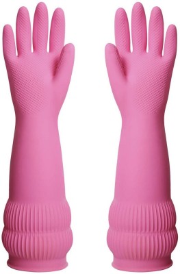 NEW INDIA FIRE TECH Pink Koren Designer Make In Indian For Special Women Girls Lovely Coloured Gloves Rubber Reusable Long Sleeve Latex Natural Rubber Hand Protective Sanitation Household Gloves Latex Natural Rubber Pink Gloves Inner White Floded Koren Designer Collection Good Quality Kitchen Washin