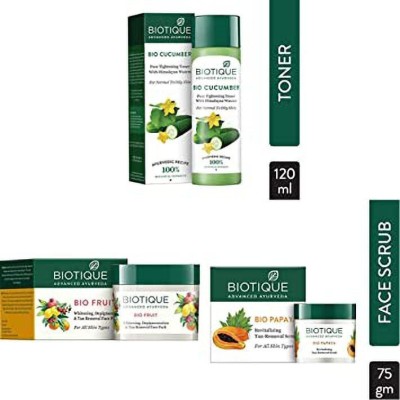 BIOTIQUE Pack of 3 Skin Care Combo Bio Cucumber Toner 120ml+ Bio Papaya Scrub 75g+ Bio Fruit Face Pack 75g(3 Items in the set)