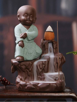 Jiyansh Creation Meditating baby Monk Smoke Backflow Cone Incense Holder With 10 Cones - 12 cm Decorative Showpiece  -  12 cm(Polyresin, Multicolor)