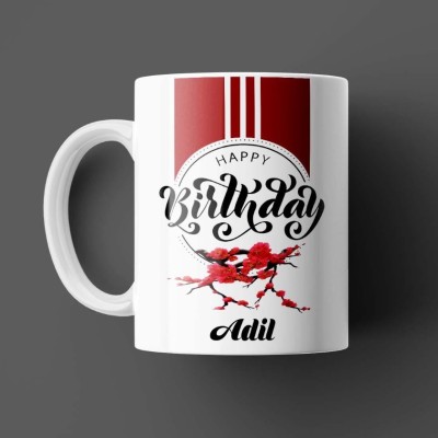 Beautum Happy Birthday Adil Name White Ceramic Coffee Model:BHYBD000470 Ceramic Coffee Mug(350 ml)